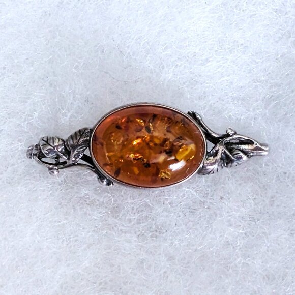 Vintage Sterling Silver 925 Baltic Honey Amber Rose Leaf Leaves Pin Brooch - Picture 3 of 7